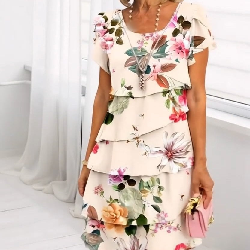 Vreni Beige Floral Layered Ruffle Dress for Women | Leichtes Sommerkleid | Eleganter Lagenlook - S/M/L/XL/2XL/3XL