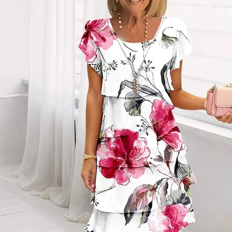 Vreni Beige Floral Layered Ruffle Dress for Women | Leichtes Sommerkleid | Eleganter Lagenlook - S/M/L/XL/2XL/3XL