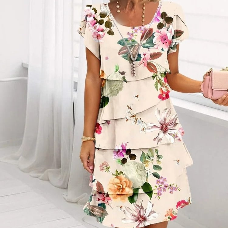 Vreni Beige Floral Layered Ruffle Dress for Women | Leichtes Sommerkleid | Eleganter Lagenlook - S/M/L/XL/2XL/3XL