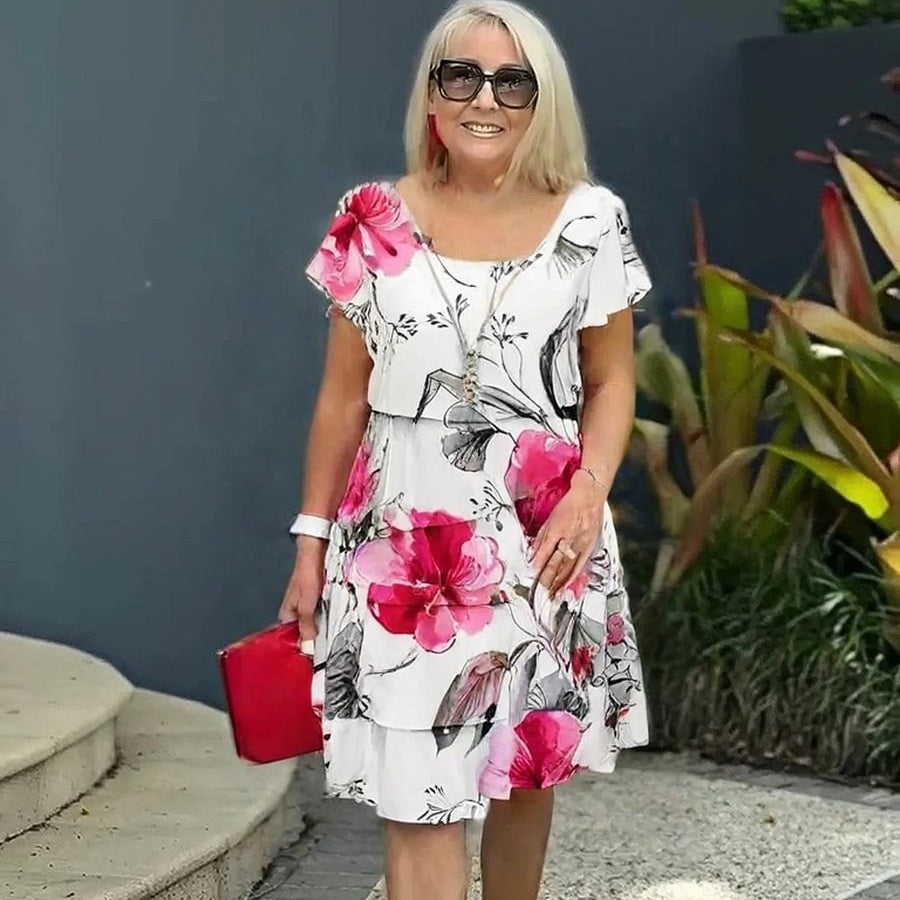 Vreni Beige Floral Layered Ruffle Dress for Women | Leichtes Sommerkleid | Eleganter Lagenlook - S/M/L/XL/2XL/3XL
