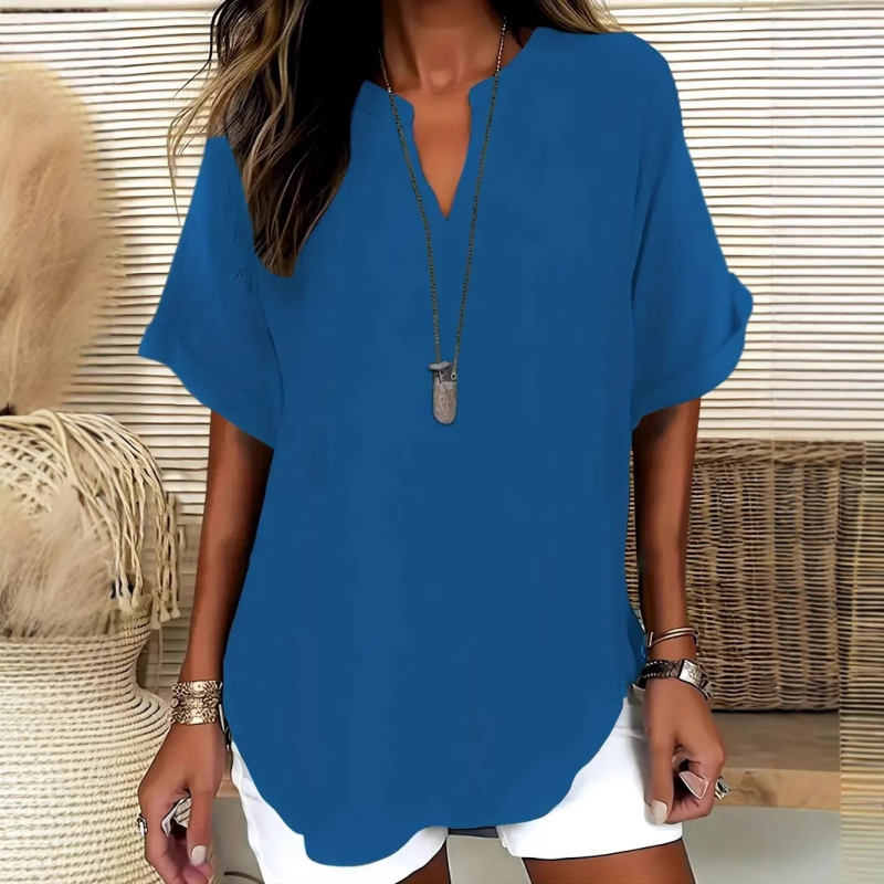 Monika Marineblau V-Ausschnitt Kurzarm Bluse für Damen | Leichte Lockere Passform | Alltag & Freizeit - S/M/L/XL