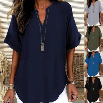 Monika Marineblau V-Ausschnitt Kurzarm Bluse für Damen | Leichte Lockere Passform | Alltag & Freizeit - S/M/L/XL