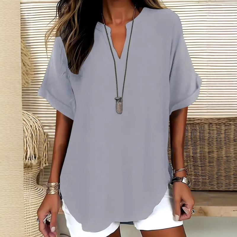 Monika Marineblau V-Ausschnitt Kurzarm Bluse für Damen | Leichte Lockere Passform | Alltag & Freizeit - S/M/L/XL
