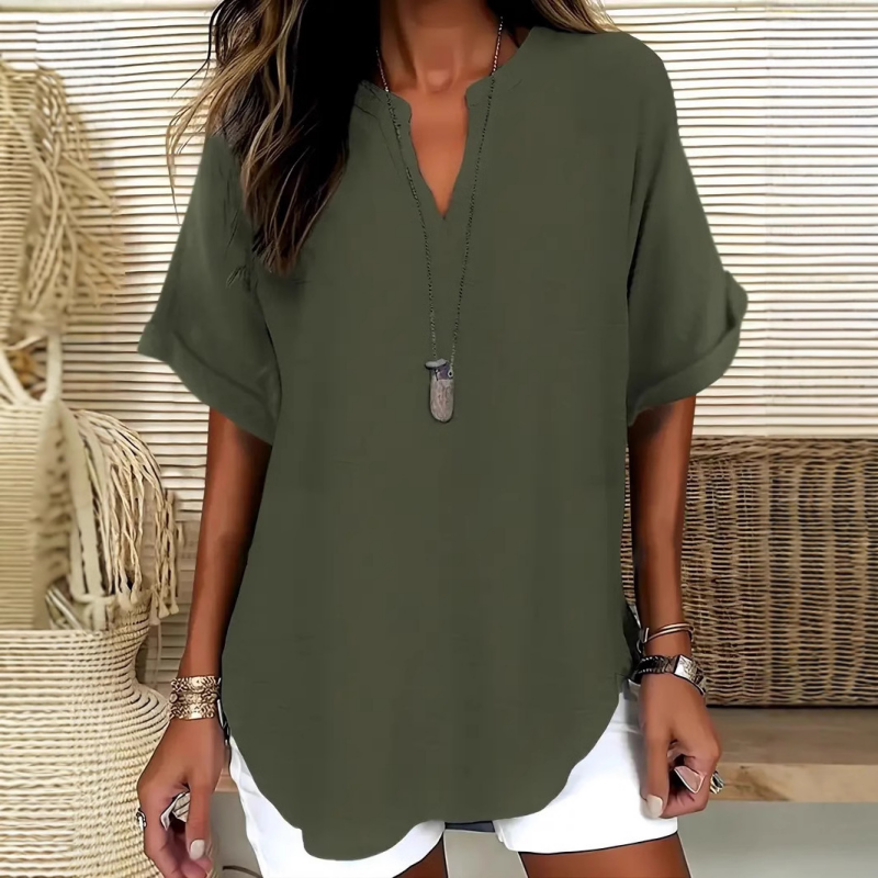 Monika Marineblau V-Ausschnitt Kurzarm Bluse für Damen | Leichte Lockere Passform | Alltag & Freizeit - S/M/L/XL