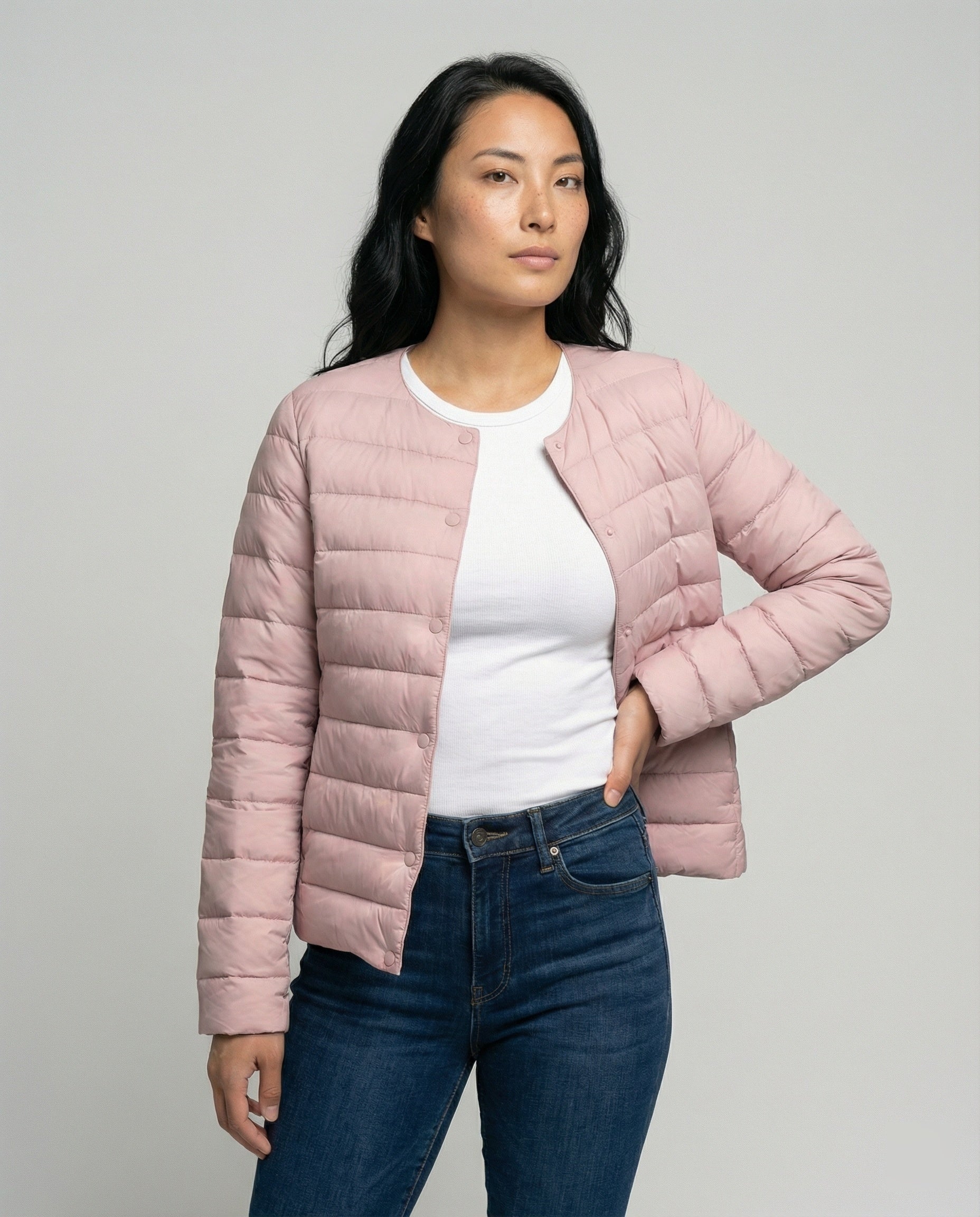 Monika Rosa Leichte Steppjacke für Damen | Kurzer Schnitt Druckknopf Übergangszeit - M/L/XL/2XL/3XL/4XL