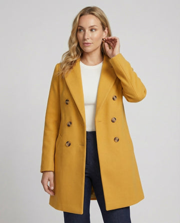 Gerda Gelb Zweireihiger Knierlanger Mantel für Damen | Eleganter Herbstmantel mit Revers - S/M/L/XL/2XL/XXXL/4XL/5XL