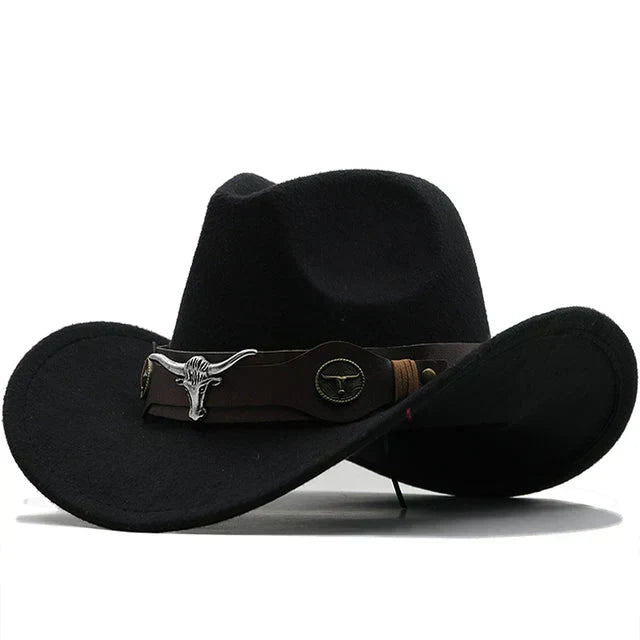 Beatrice Schwarz Western-Cowboyhut mit Stier-Schnallenband für Damen | Filzhut-Optik Boho Vintage Stil - Schwarz, Blau, Braun u.v.m.