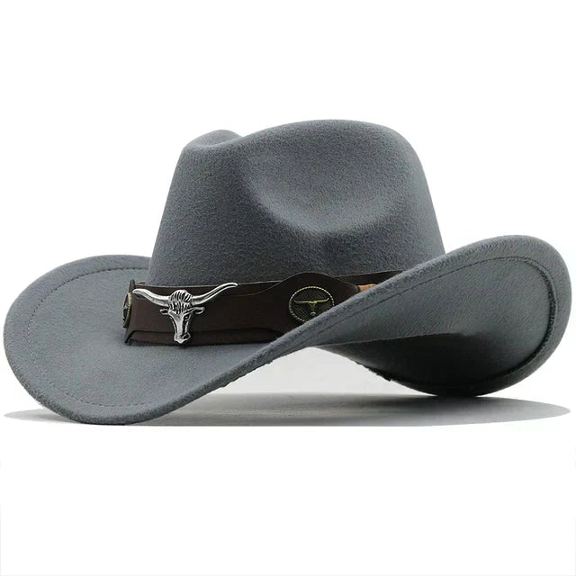 Beatrice Schwarz Western-Cowboyhut mit Stier-Schnallenband für Damen | Filzhut-Optik Boho Vintage Stil - Schwarz, Blau, Braun u.v.m.
