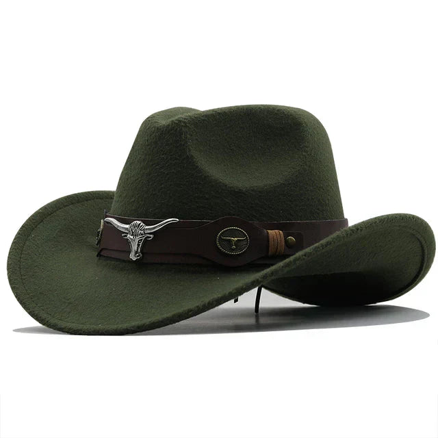 Beatrice Schwarz Western-Cowboyhut mit Stier-Schnallenband für Damen | Filzhut-Optik Boho Vintage Stil - Schwarz, Blau, Braun u.v.m.