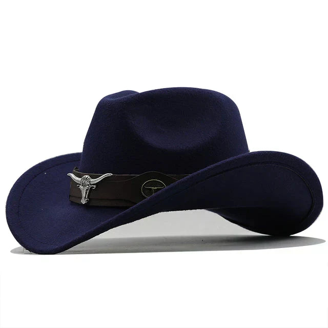 Beatrice Schwarz Western-Cowboyhut mit Stier-Schnallenband für Damen | Filzhut-Optik Boho Vintage Stil - Schwarz, Blau, Braun u.v.m.