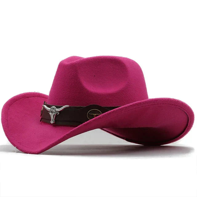 Beatrice Schwarz Western-Cowboyhut mit Stier-Schnallenband für Damen | Filzhut-Optik Boho Vintage Stil - Schwarz, Blau, Braun u.v.m.