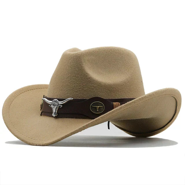 Beatrice Schwarz Western-Cowboyhut mit Stier-Schnallenband für Damen | Filzhut-Optik Boho Vintage Stil - Schwarz, Blau, Braun u.v.m.