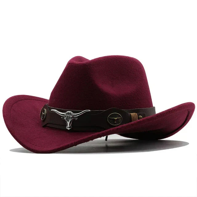 Beatrice Schwarz Western-Cowboyhut mit Stier-Schnallenband für Damen | Filzhut-Optik Boho Vintage Stil - Schwarz, Blau, Braun u.v.m.