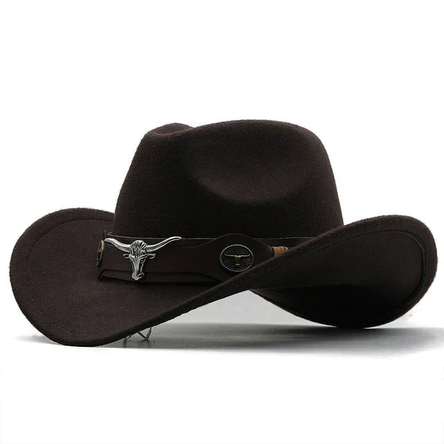 Beatrice Schwarz Western-Cowboyhut mit Stier-Schnallenband für Damen | Filzhut-Optik Boho Vintage Stil - Schwarz, Blau, Braun u.v.m.