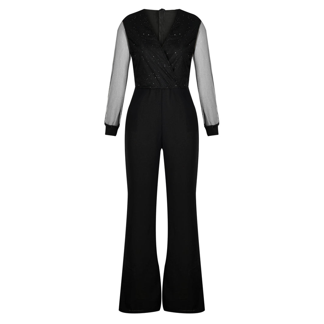 Karin Schwarz V-Ausschnitt Glitzer-Mesh Jumpsuit für Damen | Eleganter Abend-Look | Weites Bein
