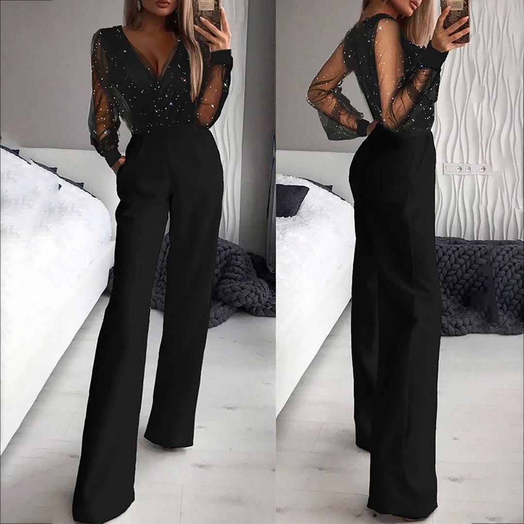 Karin Schwarz V-Ausschnitt Glitzer-Mesh Jumpsuit für Damen | Eleganter Abend-Look | Weites Bein