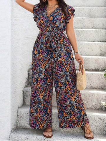 Ursula Schwarz Geblümter V-Ausschnitt Volant-Jumpsuit für Damen | Figurbetonender Sommerfit - XL/1XL/2XL/3XL/4XL
