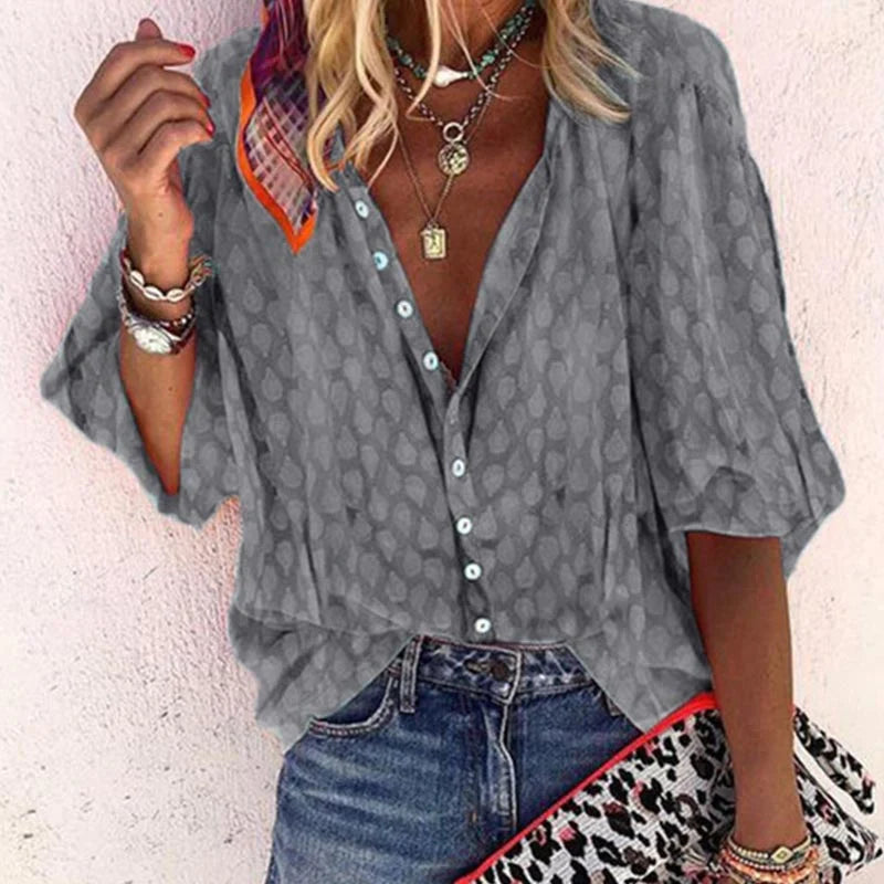 Käthi Blau Gepunktete V-Ausschnitt Bluse für Damen | Leichter Oversized Casual Fit | Sommer | Button-Down - S/M/L/XL/2XL/3XL