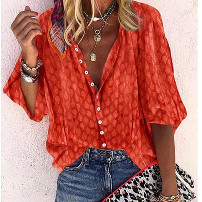 Käthi Blau Gepunktete V-Ausschnitt Bluse für Damen | Leichter Oversized Casual Fit | Sommer | Button-Down - S/M/L/XL/2XL/3XL