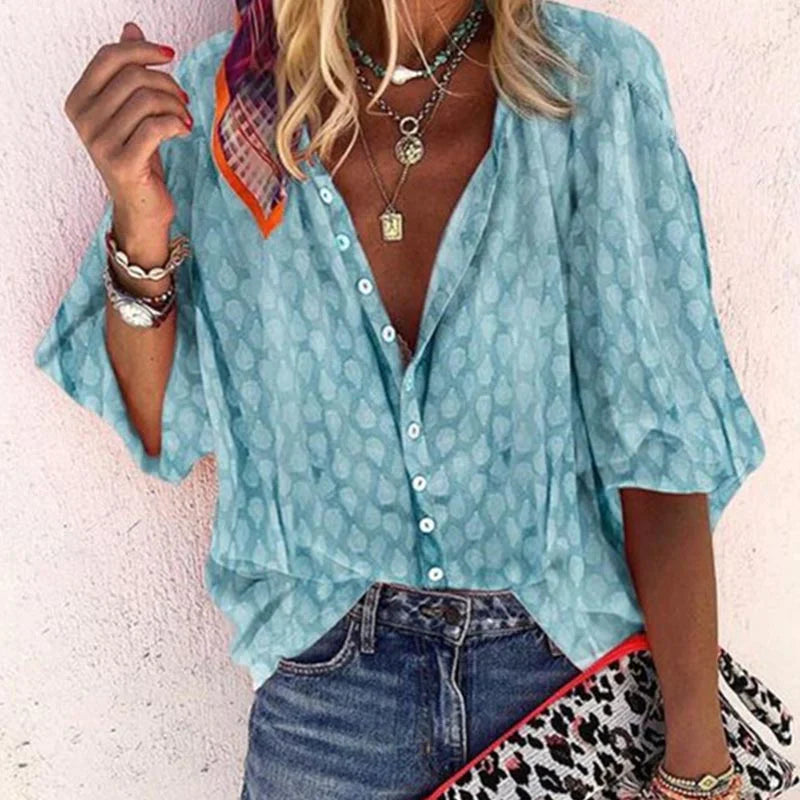 Käthi Blau Gepunktete V-Ausschnitt Bluse für Damen | Leichter Oversized Casual Fit | Sommer | Button-Down - S/M/L/XL/2XL/3XL