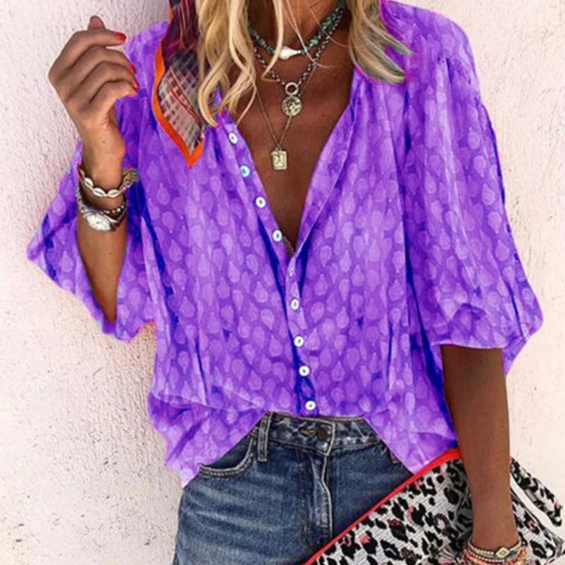 Käthi Blau Gepunktete V-Ausschnitt Bluse für Damen | Leichter Oversized Casual Fit | Sommer | Button-Down - S/M/L/XL/2XL/3XL