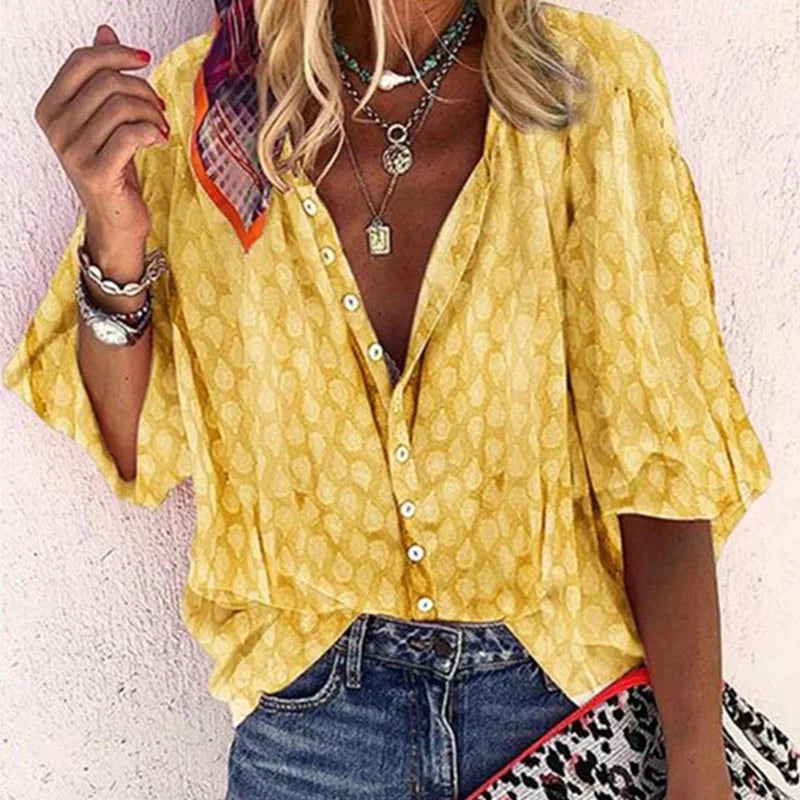 Käthi Blau Gepunktete V-Ausschnitt Bluse für Damen | Leichter Oversized Casual Fit | Sommer | Button-Down - S/M/L/XL/2XL/3XL