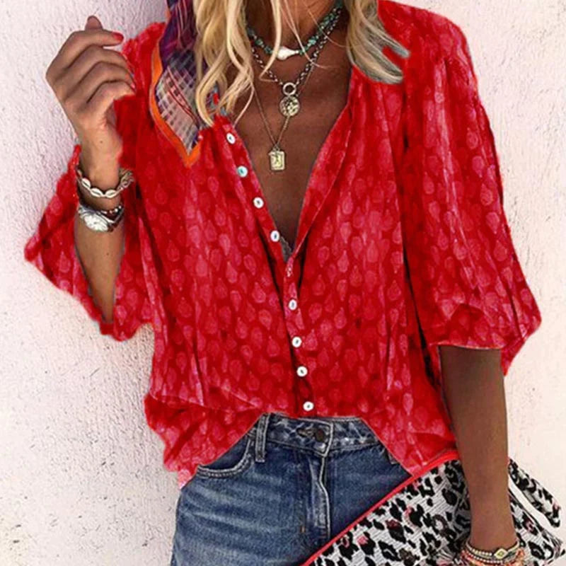 Käthi Blau Gepunktete V-Ausschnitt Bluse für Damen | Leichter Oversized Casual Fit | Sommer | Button-Down - S/M/L/XL/2XL/3XL