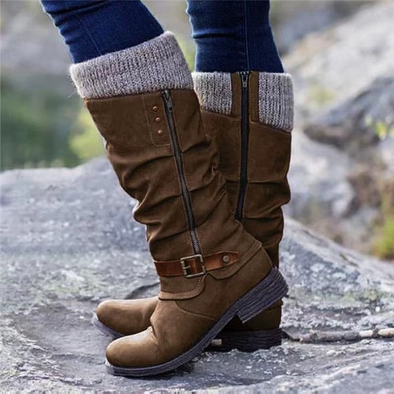 Marlies Grau Slouchy Kniehohe Stiefel für Damen | Veloursleder-Optik Strickbündchen Blockabsatz - EU 35-43
