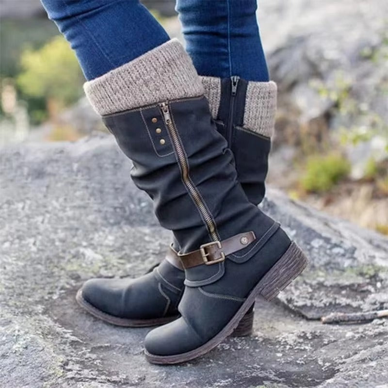Marlies Grau Slouchy Kniehohe Stiefel für Damen | Veloursleder-Optik Strickbündchen Blockabsatz - EU 35-43