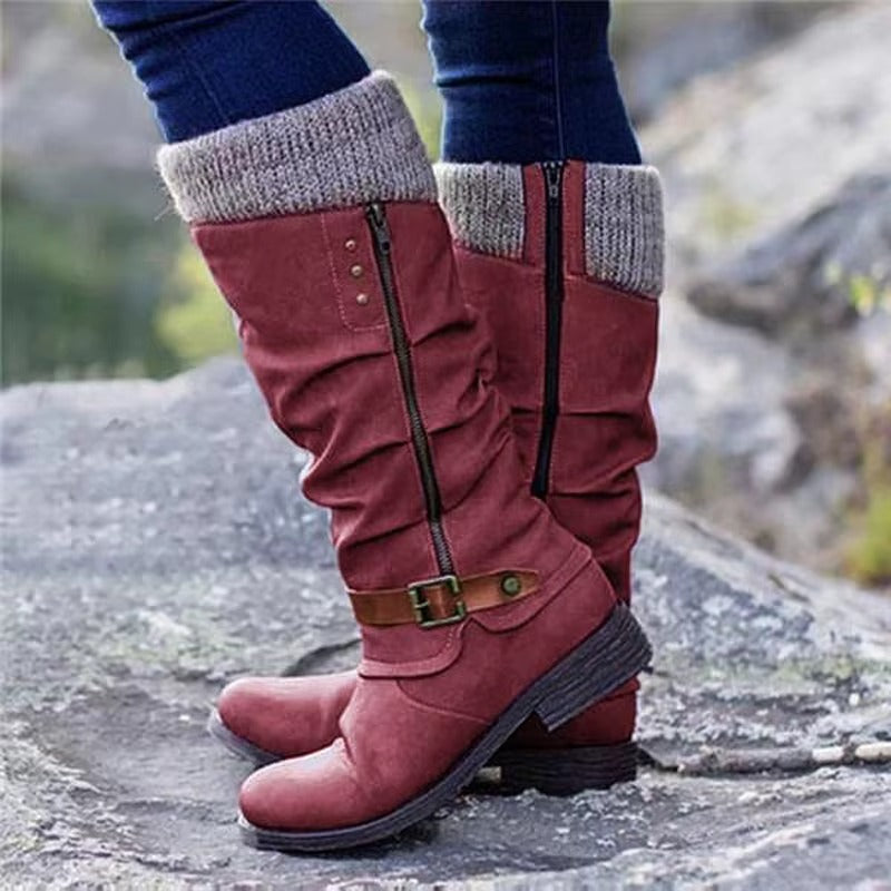 Marlies Grau Slouchy Kniehohe Stiefel für Damen | Veloursleder-Optik Strickbündchen Blockabsatz - EU 35-43