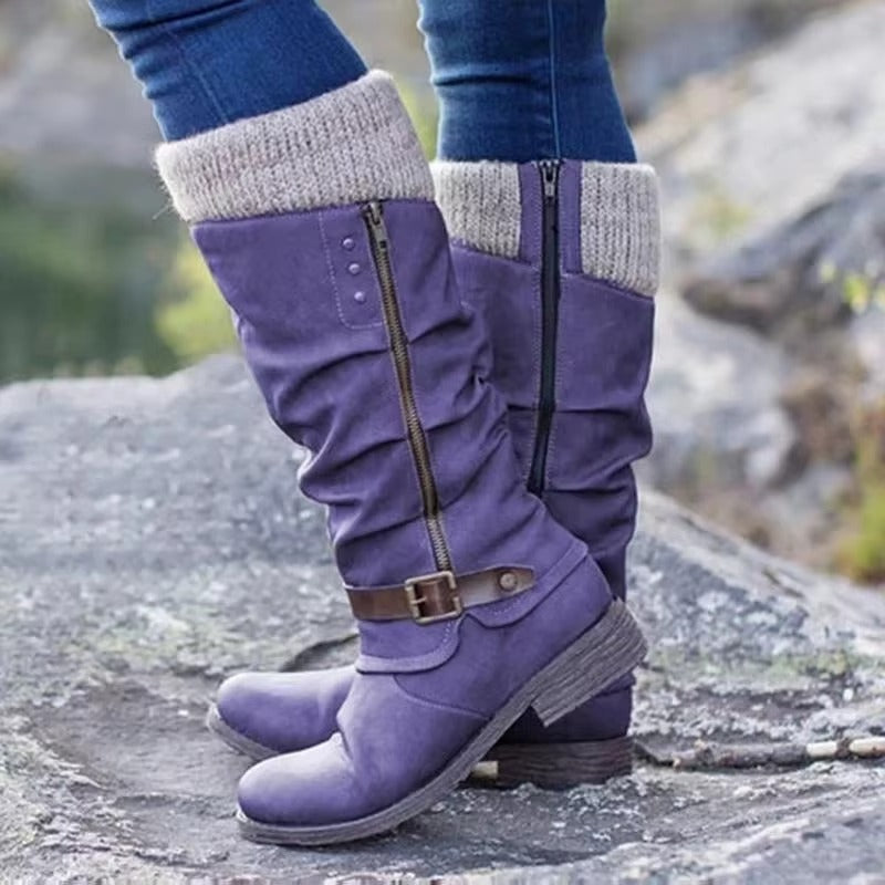 Marlies Grau Slouchy Kniehohe Stiefel für Damen | Veloursleder-Optik Strickbündchen Blockabsatz - EU 35-43