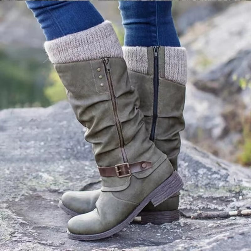 Marlies Grau Slouchy Kniehohe Stiefel für Damen | Veloursleder-Optik Strickbündchen Blockabsatz - EU 35-43