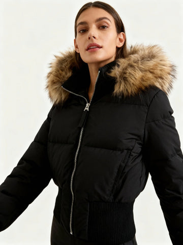 Vreni Schwarz Gesteppte Winterjacke mit Kapuze für Damen | Kunstfell-Besatz Slim Fit Winter - XXS/XS/S
