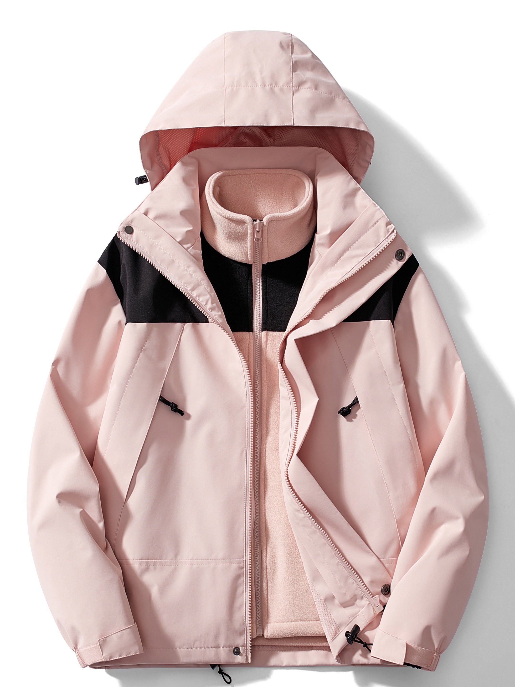 Monika Elfenbeinweiss 3-in-1 Fleece-Winterjacke mit Kapuze für Damen | Colourblock Outdoor Winter - XS/S/M/L/XL/2XL