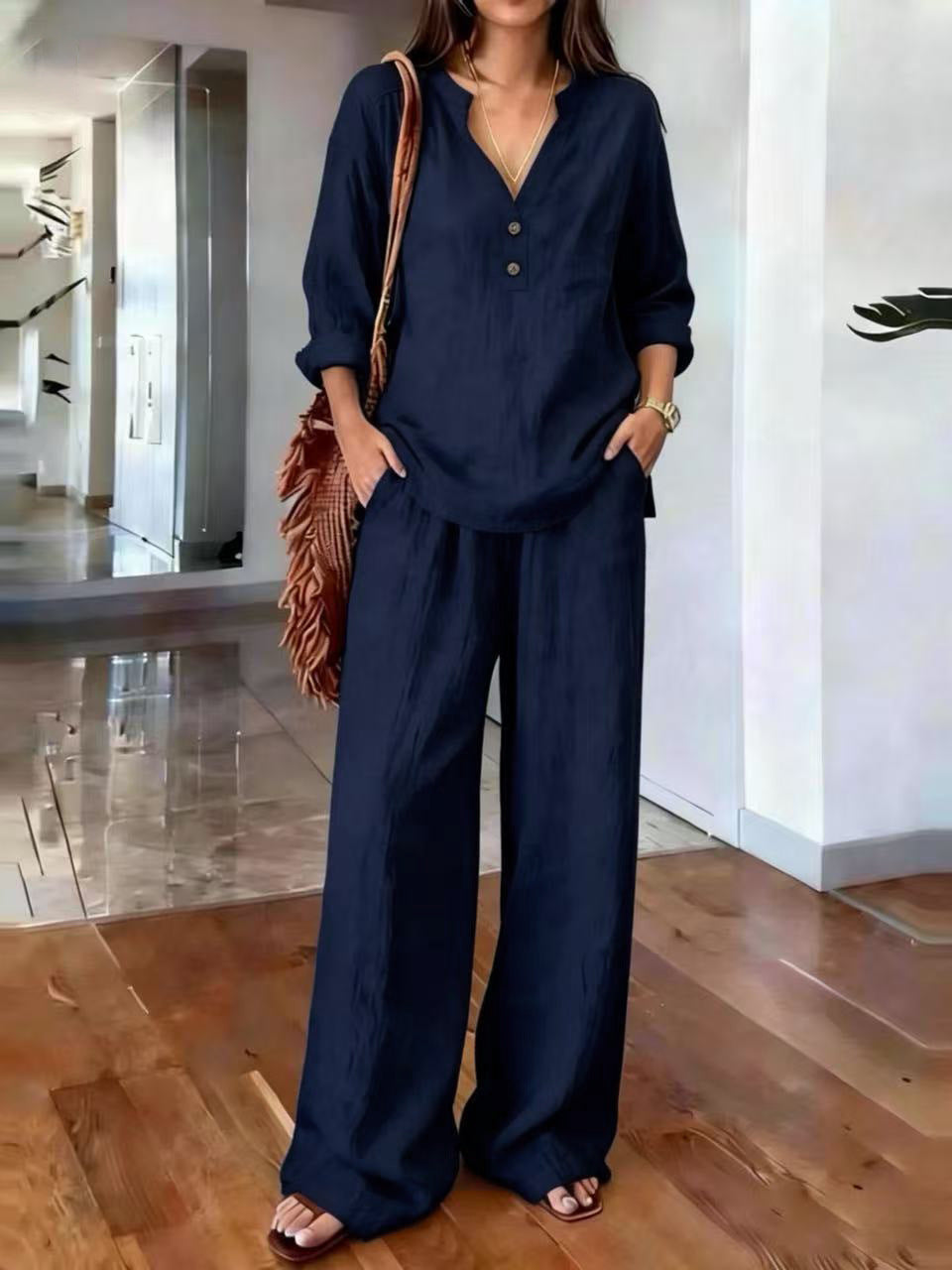 Susanne Khaki Leinen Zweiteiler V-Ausschnitt Tunika und Weithose für Damen | Eleganter Komfort | Sommerurlaub und Alltag - S-3XL