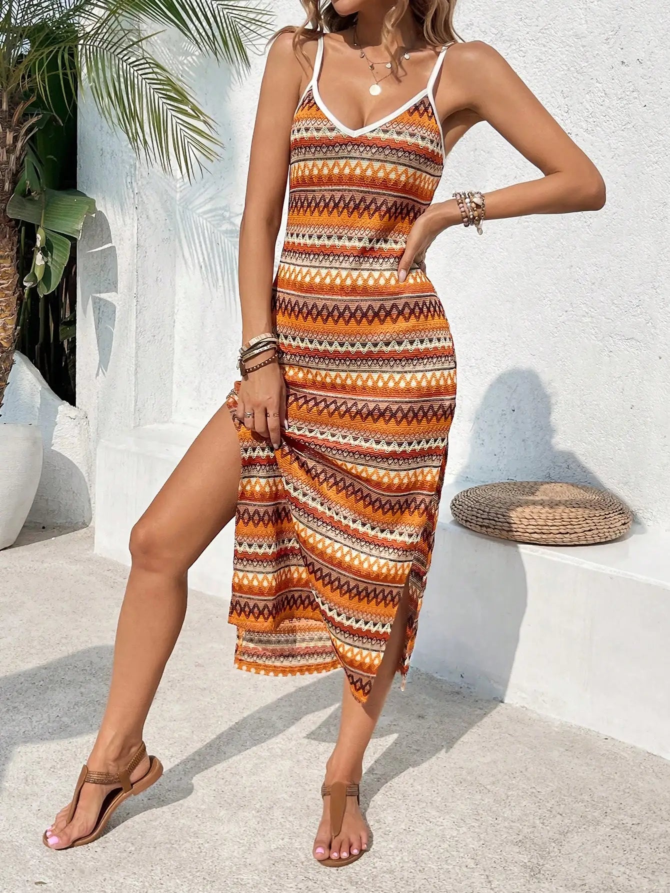 Regula Silbergrau Mehrfarbig Boho Midikleid für Damen | Figurnahe Passform mit Seitenschlitz | Strand und Sommerurlaub - S/M/L/XL