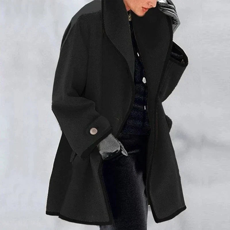 Emma Blau Eleganter Wollmix-Mantel für Damen | Kontrastbesatz Oversized Winter Stil - S/M/L/XL/2XL/3XL/4XL/5XL