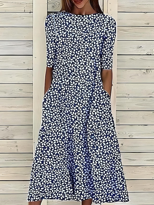 Annemarie Blau Botanisches Blatt-Print Midi Kleid für Damen | Leichte A-Linie mit Taschen | Sommer - S/M/L/XL/2XL/3XL/4XL/5XL